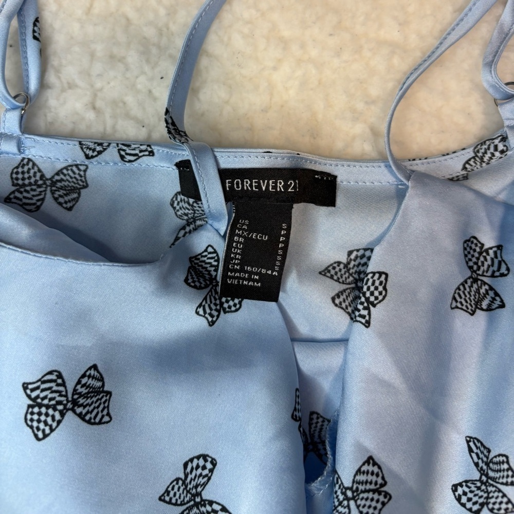 Forever 21 Women Blue Bow Print Satin Slip Mini Dress - Picture 5 of 11